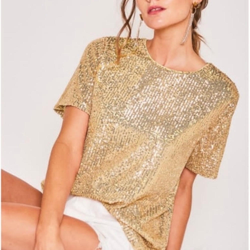 Gold Sequin Short Sleeve Shirt Top Vine & Love Large